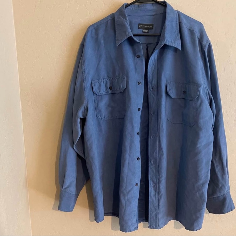 Covington Blue Microsuede Long Sleeve Dress Button Up